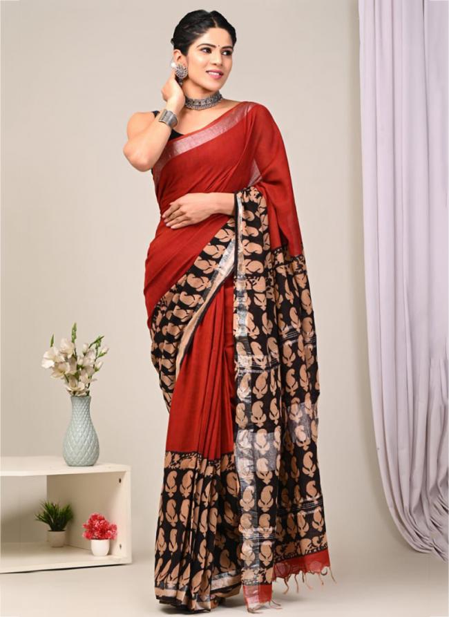 Cotton  Red Daily Wear Printed Saree